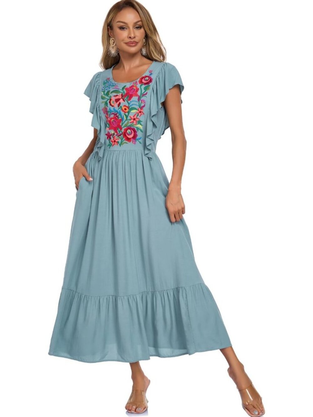 Boho Floral Maxi Dress - Casual Short Sleeve Ruffle Tiered Beach Sundress